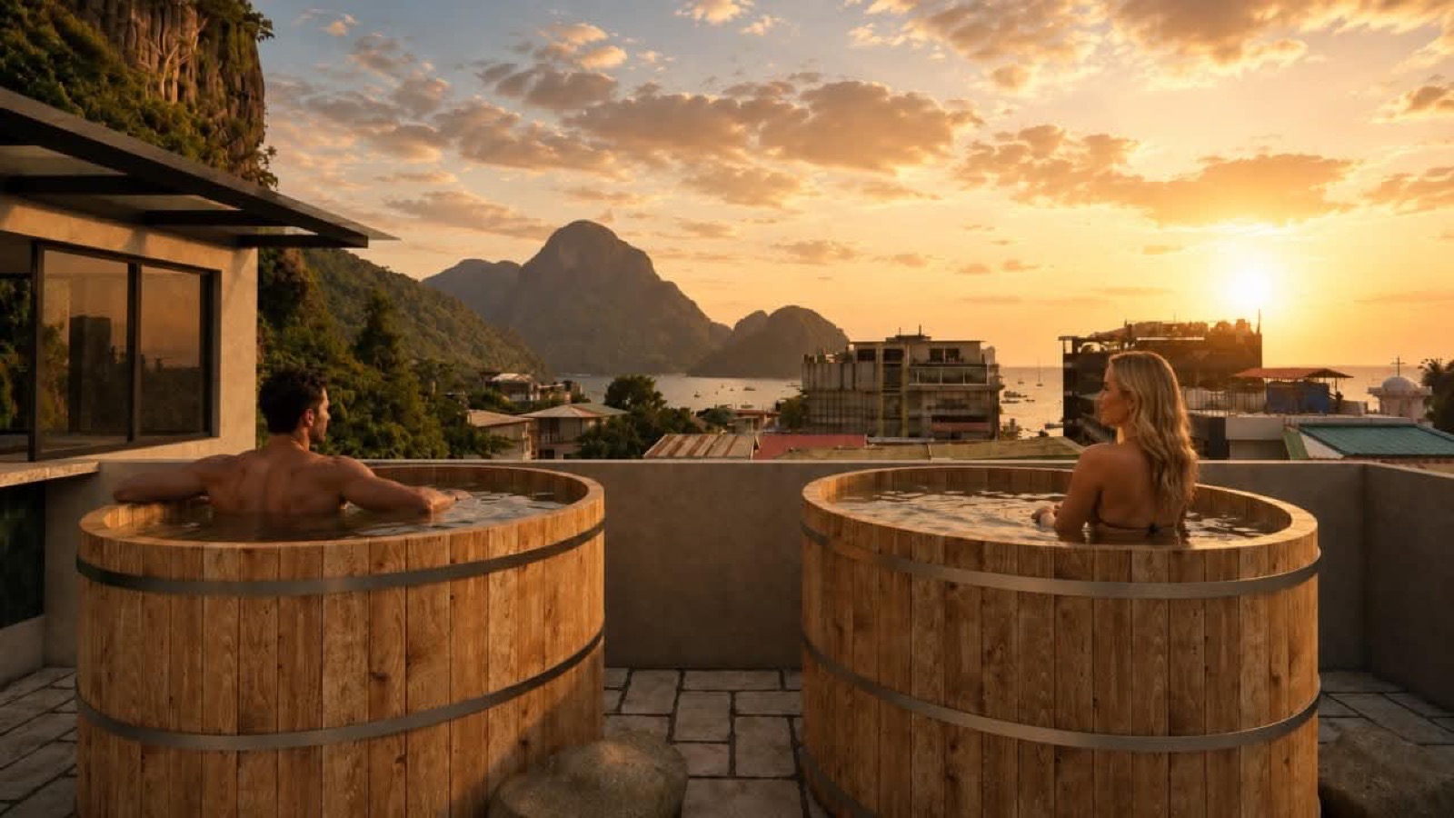 Villa V rooftop hot tubs at sunset
