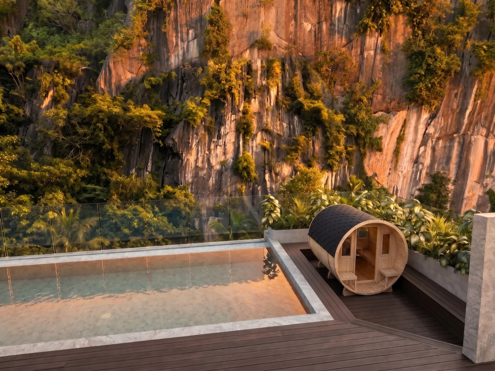 Villa V rooftop pool beneath the limestone cliffs