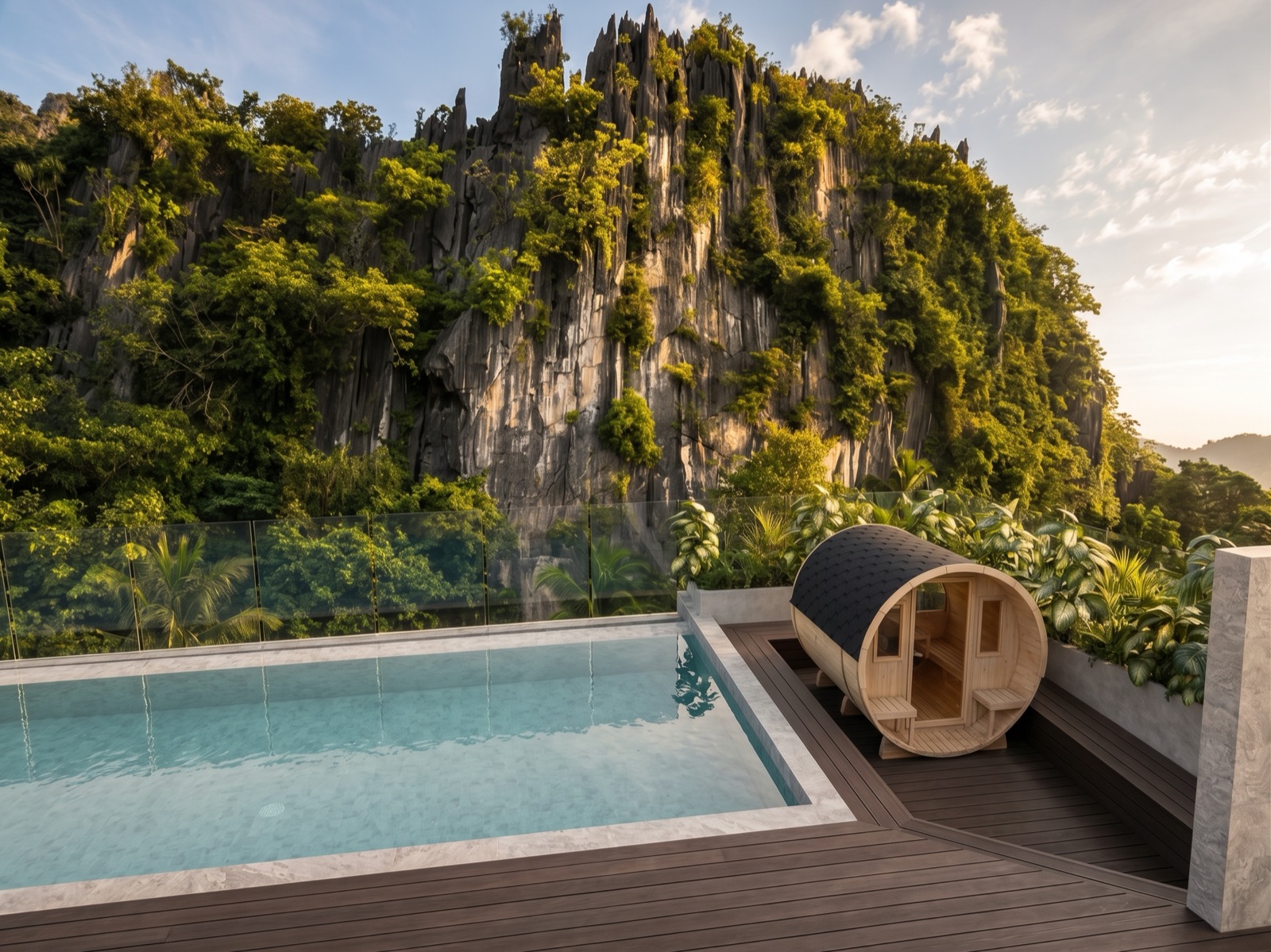 Villa V rooftop infinity pool against the limestone cliffs